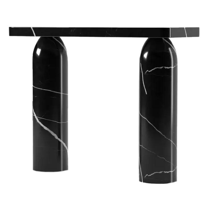 Toros Black Marble Designer Round Legs Console by Villohome; polished black marble legs support a slim tabletop.