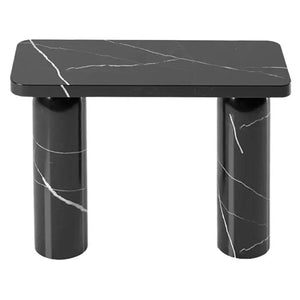 Toros Black Marble Designer console table with polished black top and two round cylindrical legs by Villohome