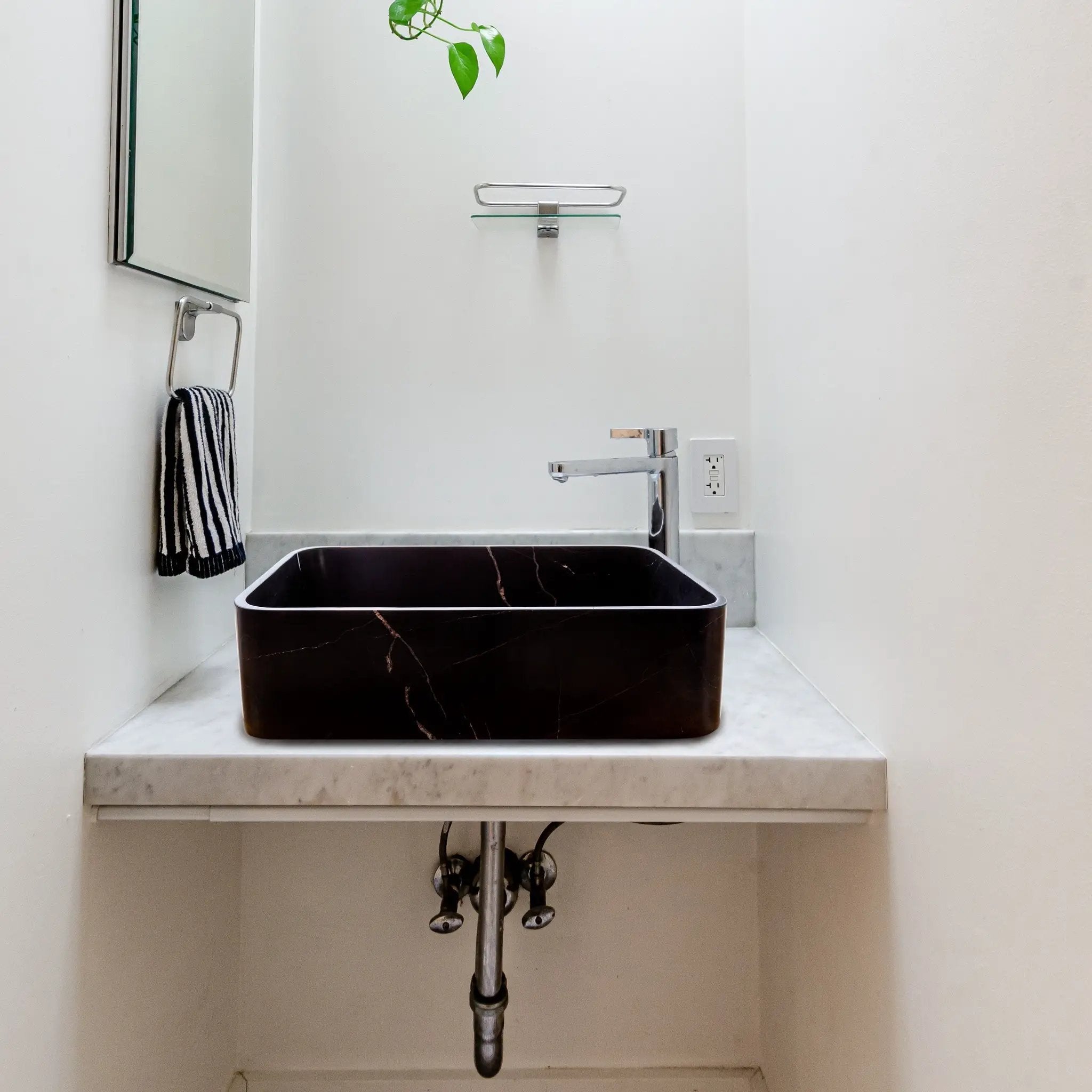 Toros Black Marble Above Vanity Rectangular Bathroom Sink by Villohome, polished stone.