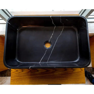 Toros black marble above-counter rectangular bathroom sink, polished with white veining, 21.5in L x 13.5in W x 6in H