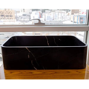 Toros Black Marble Above vanity rectangular bathroom sink, polished black marble with white veining