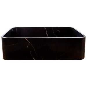 Toros Black Marble above-counter bathroom sink, polished black marble with white veining, 21.5in long