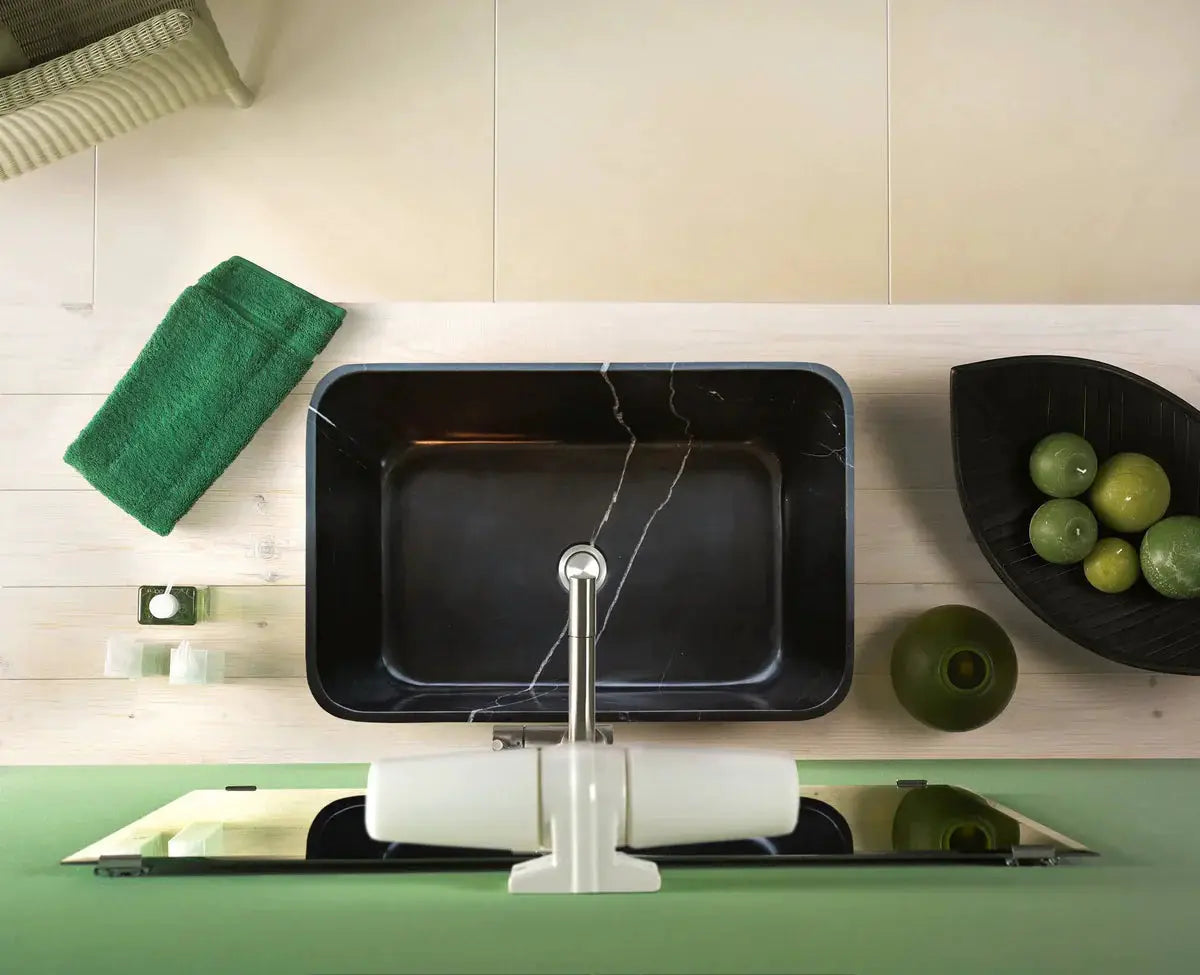 Toros black marble above vanity rectangular bathroom sink by Villohome, polished finish with chrome faucet