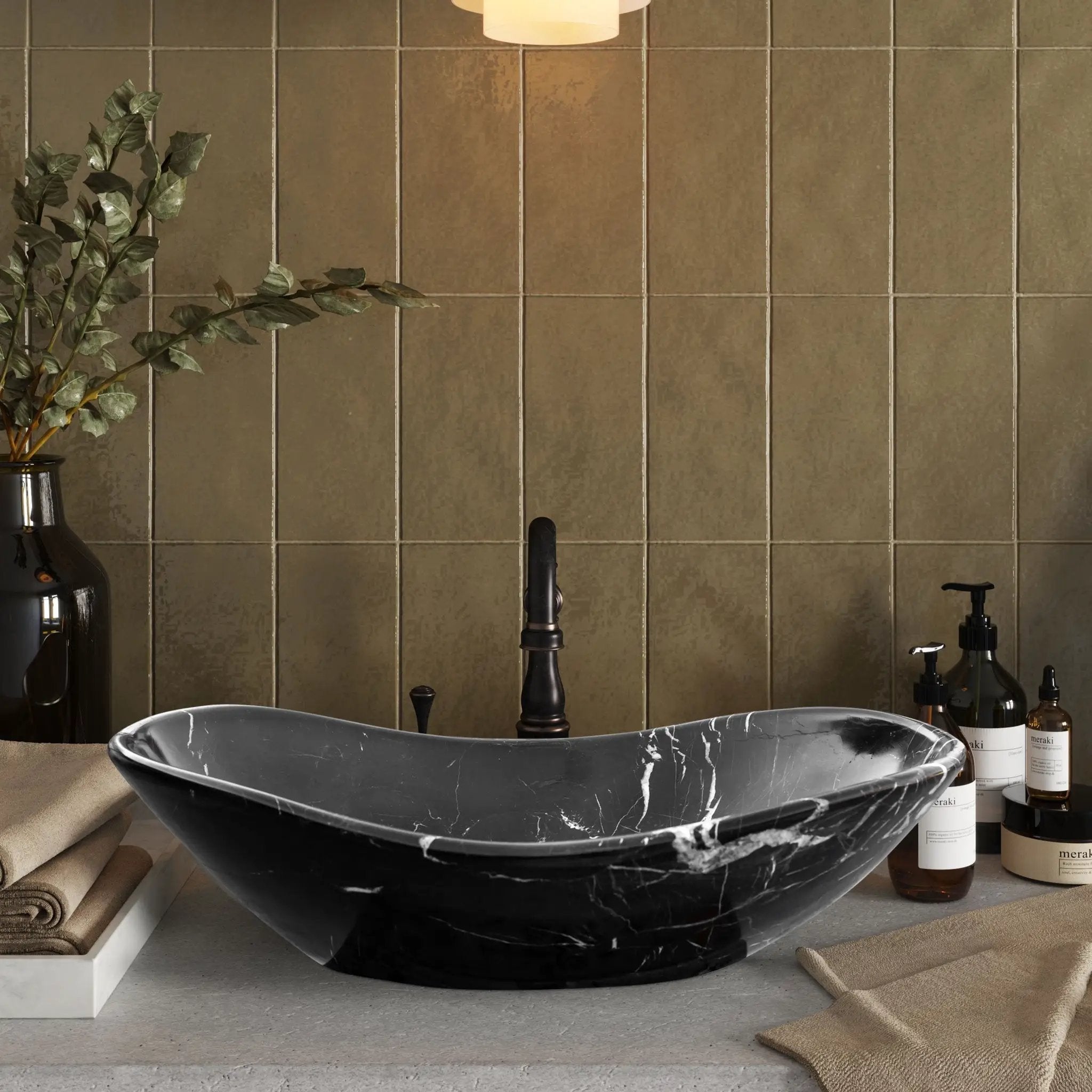 Toros Black Marble Above Vanity Gondola Sink by Villohome; black marble stone bathroom basin