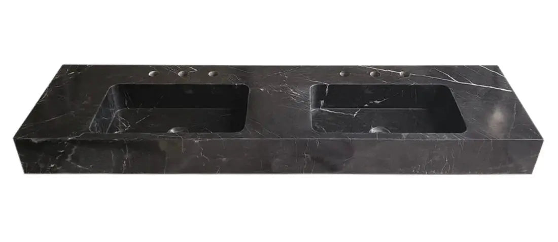 Villohome Toros black marble double bathroom sink, wall-mount, polished, 60in long, two basins