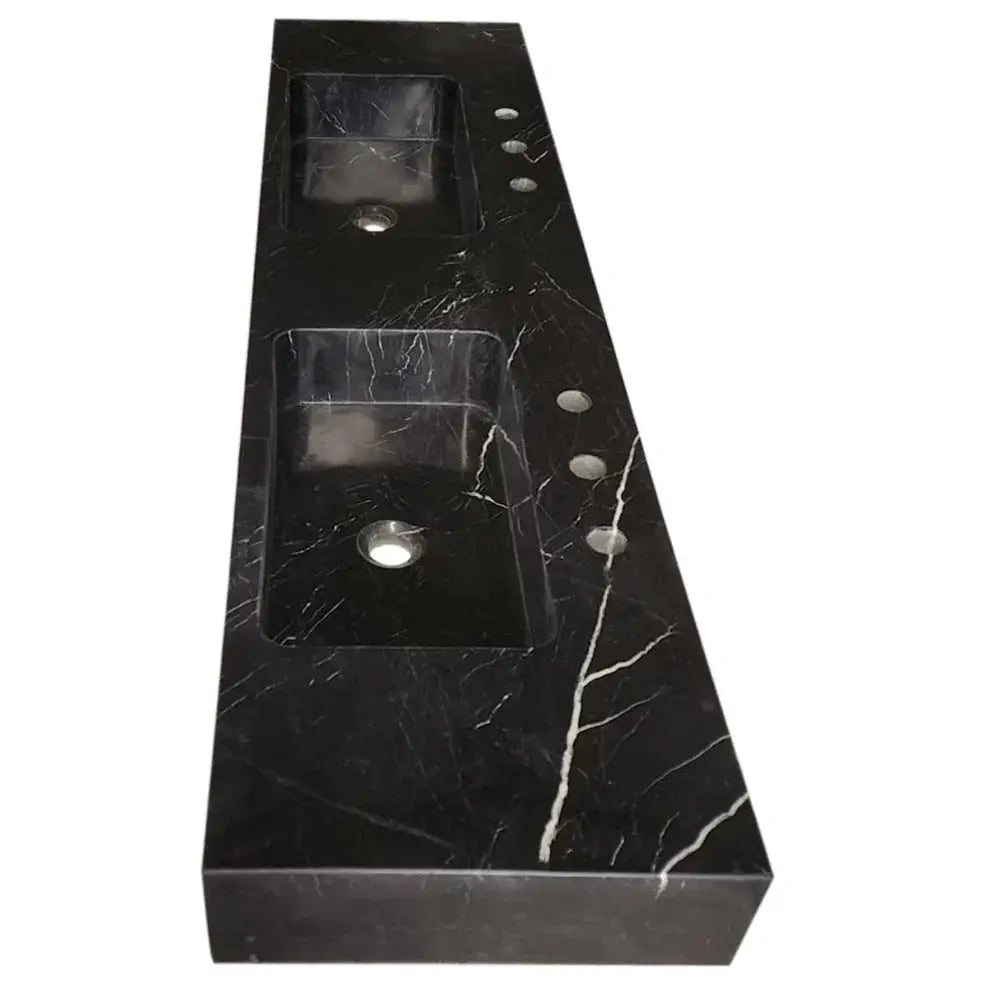 Toros Black Marble Double Sink by Villohome; wall-mount bathroom sink with two basins, polished black marble.