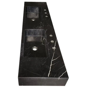Toros Black Marble Double Sink by Villohome; wall-mount bathroom sink with two basins, polished black marble.