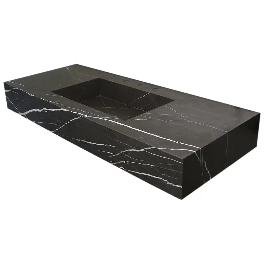 Toros black marble rectangular wall-mount bathroom sink with three faucet holes, Villohome
