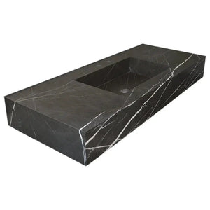 Toros black marble rectangular wall-mount bathroom sink by Villohome, stone basin, 48in L x 20in W x 6in H.