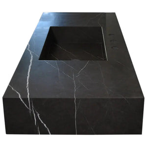 Toros Black Marble Rectangular Wall-Mount Bathroom Sink by Villohome, black marble countertop with faucet holes