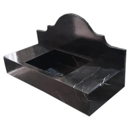 Toros black marble wall-mount bathroom sink with backsplash, polished finish by Villohome