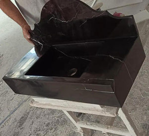 Toros black marble wall-mount bathroom sink with backsplash, polished finish by Villohome.