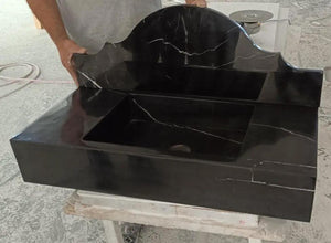 Toros black marble wall-mount bathroom sink with backsplash, polished finish, Villohome.