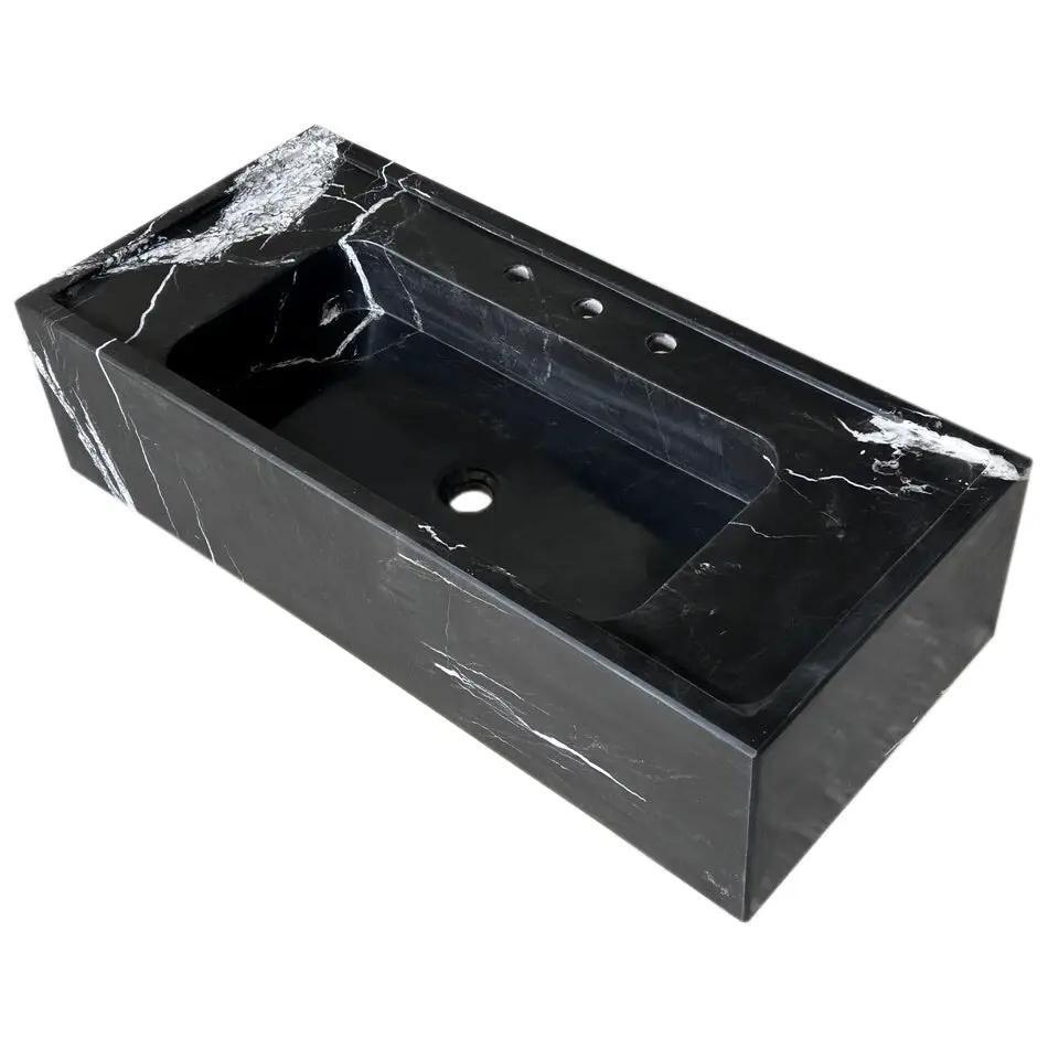 Toros black marble rectangular wall-mount bathroom sink by Villohome with white veining