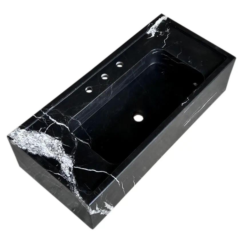 Toros black marble rectangular wall-mount bathroom sink by Villohome, 36in L x 16in W x 10in H