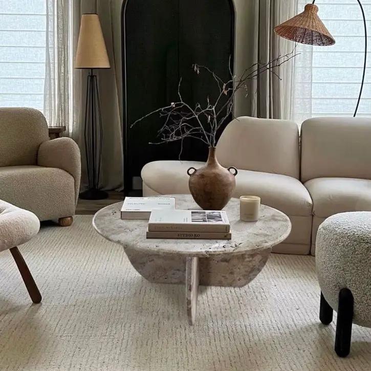 Coffee table Troia Light Travertine, unfilled round polished surface, 27.5 in dia x 16 in H, Villohome.