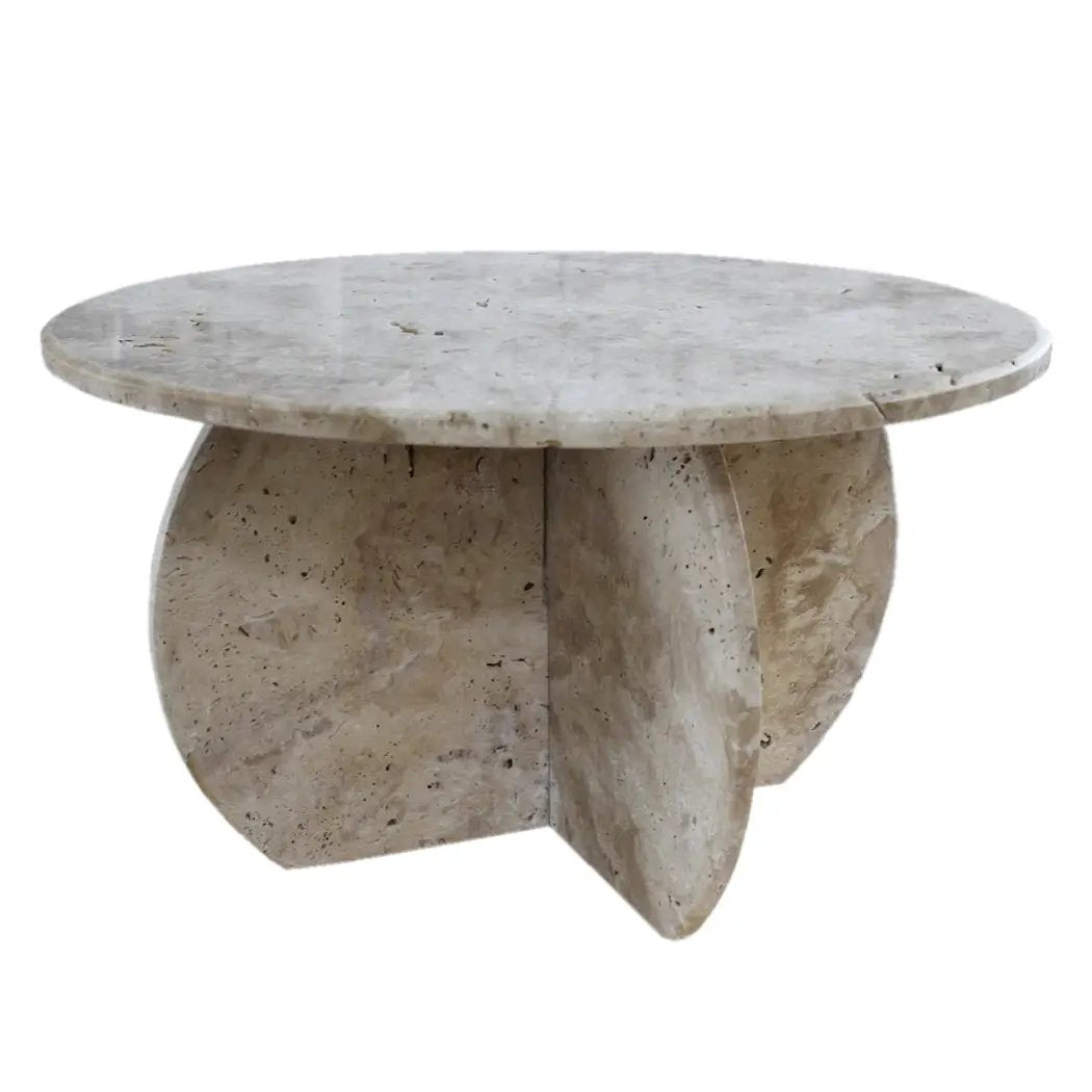 Troia Light Travertine coffee table, round 27.5-inch diameter, polished unfilled top, Villohome