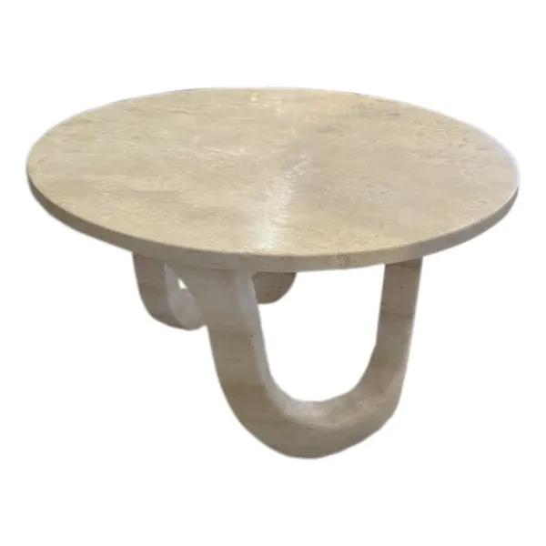 Villohome Troia light travertine designer round coffee table, 24 in diameter x 14 in height.