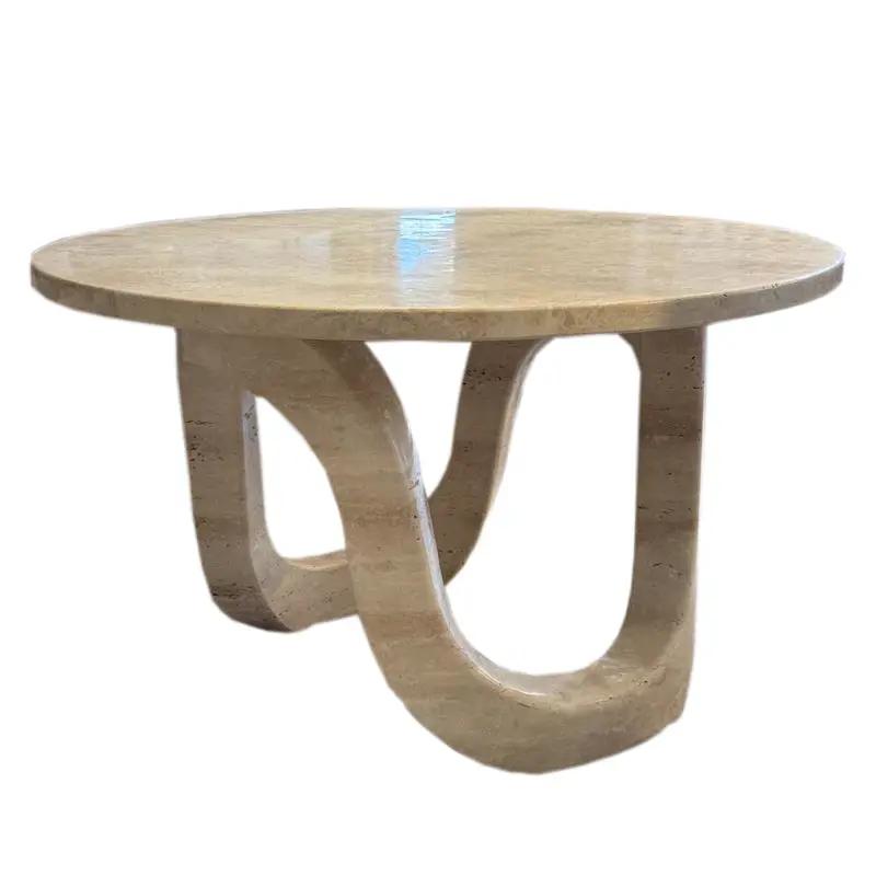 Coffee table Troia Light Travertine round, polished vein-cut surface; 24" dia x 14"H by Villohome