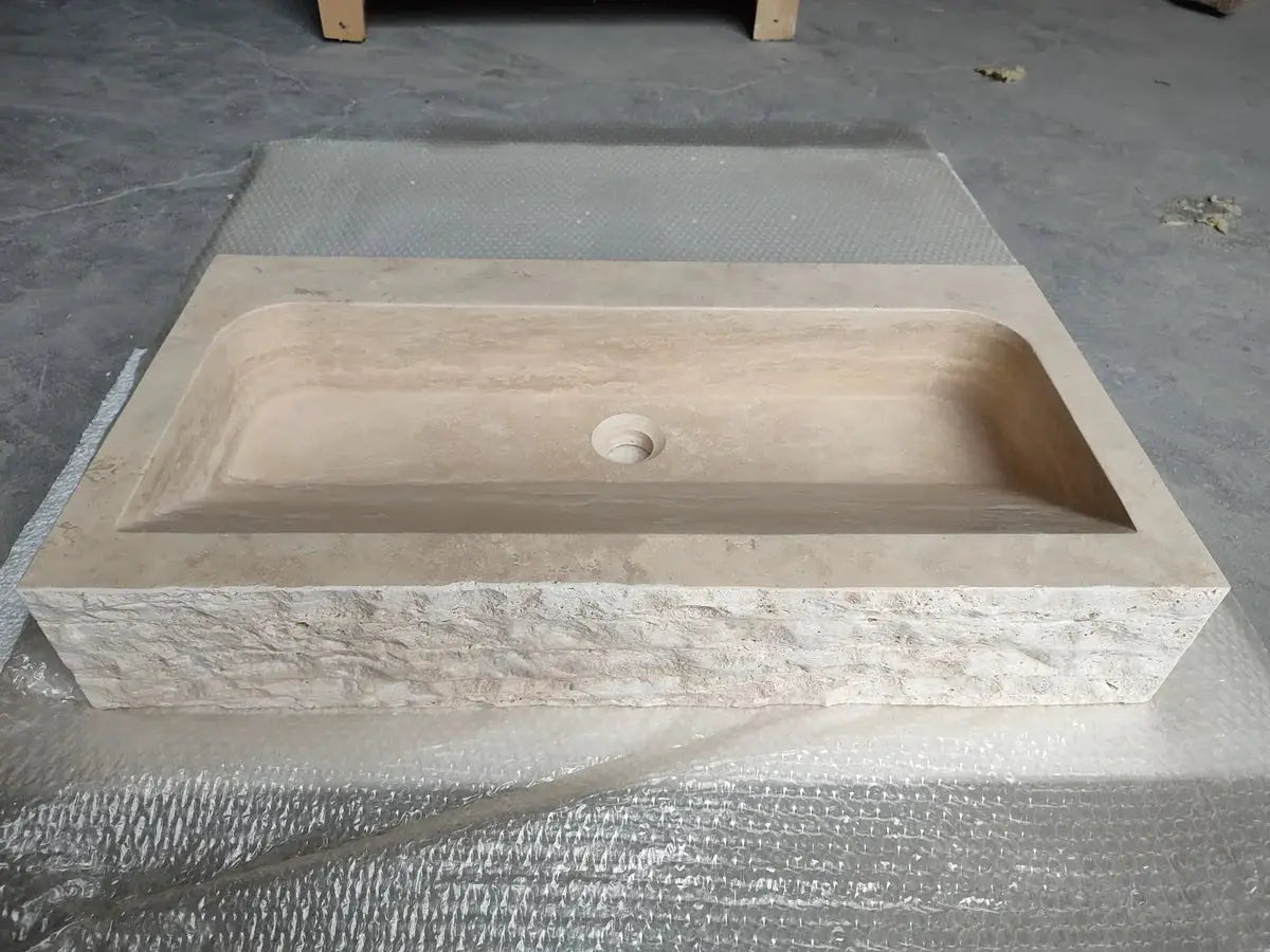 Troia Light Travertine rustic rectangular wall-mount bathroom sink, beige travertine stone, 16x30x5 in
