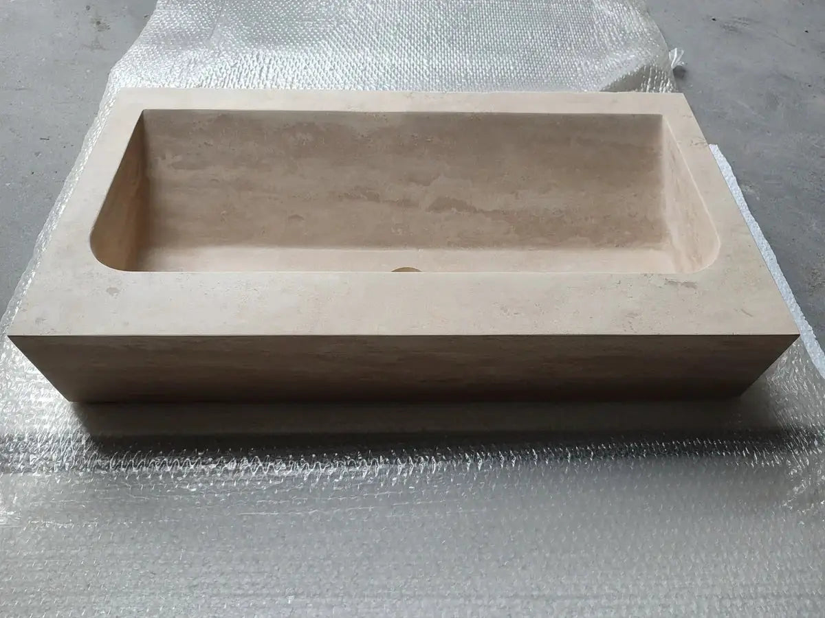 Troia Light Travertine rectangular wall-mount bathroom sink by Villohome, 30-in L x 16-in W.