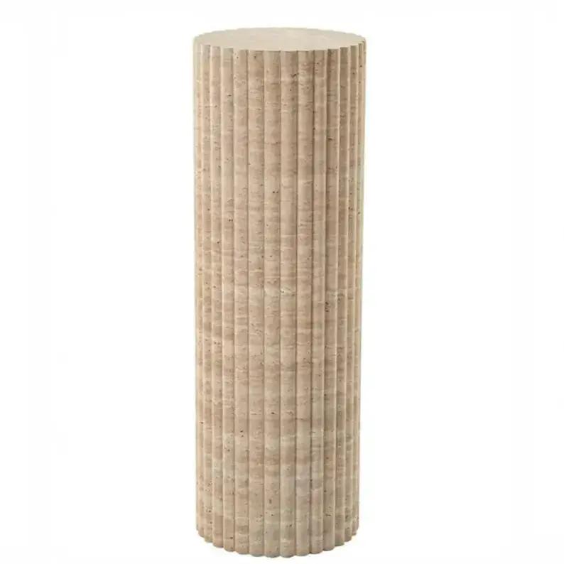 Troia Light Travertine Plinth Side Table by Villohome, fluted honed beige cylinder
