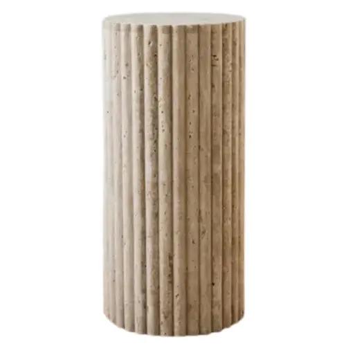 Troia Light Travertine Plinth Side Table by Villohome, fluted and honed