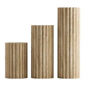 Villohome Troia Light Travertine Plinth Side Tables set of 3, fluted and honed travertine cylinders