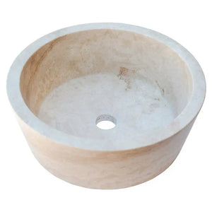 Villohome Troia Light Travertine above-counter bathroom sink, round natural stone basin, 16-inch diameter