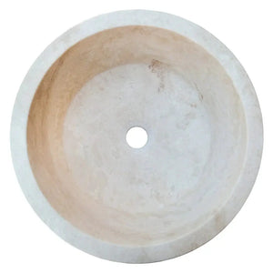 Villohome Troia Light travertine round above-counter bathroom sink, natural stone.