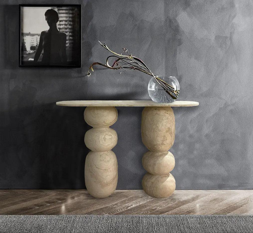 Troia Light Travertine Designer Console by Villohome; honed travertine top with two chunky pedestal legs