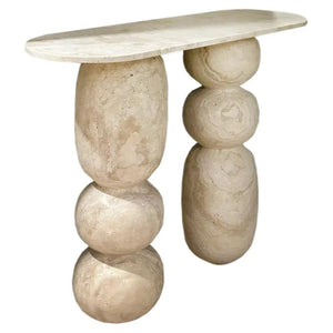 Troia Light Travertine Designer Console by Villohome; filled and honed travertine with rounded sculpted leg columns.