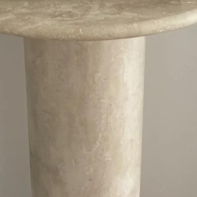 Troia Light Travertine console by Villohome; beige honed stone with a single cylindrical leg