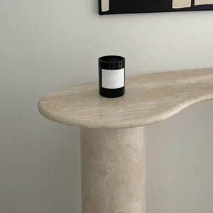 Troia Light Travertine Designer Console by Villohome; beige filled-and-honed travertine with curved oval top