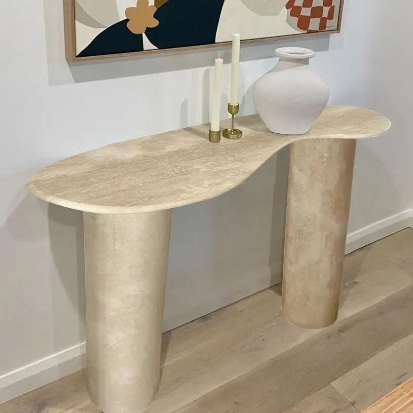 Troia Light Travertine console table by Villohome; light beige travertine with two cylindrical pedestals.