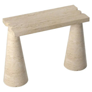 Troia Light Travertine console table with cone-shaped legs in polished beige travertine by Villohome