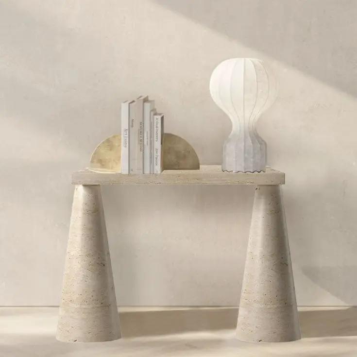 Troia light travertine console table with cone-shaped legs