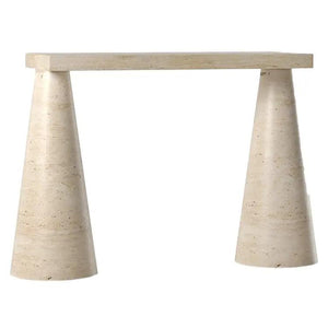 Troia light travertine console table with polished finish and cone-shaped legs