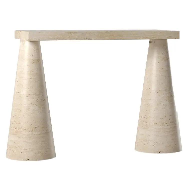 Troia light travertine console table with polished finish and cone-shaped legs