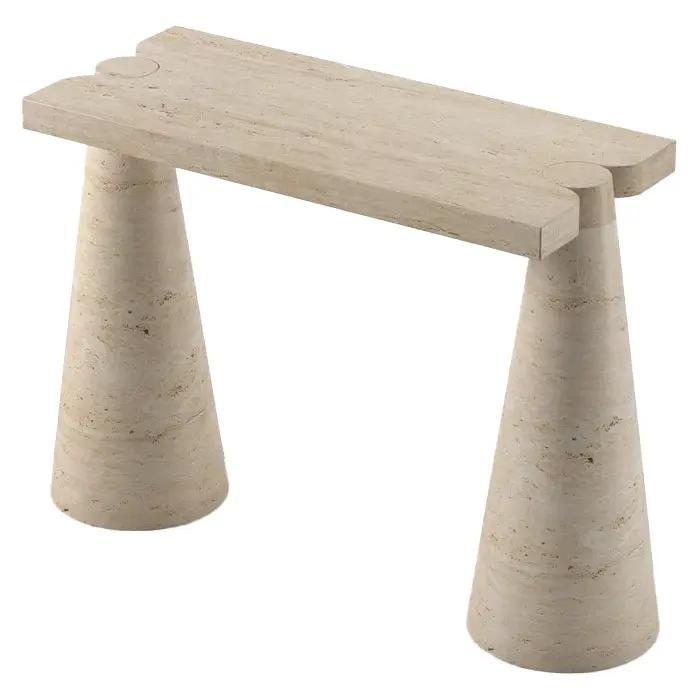 Troia Light Travertine console table by Villohome with polished cone-shaped legs