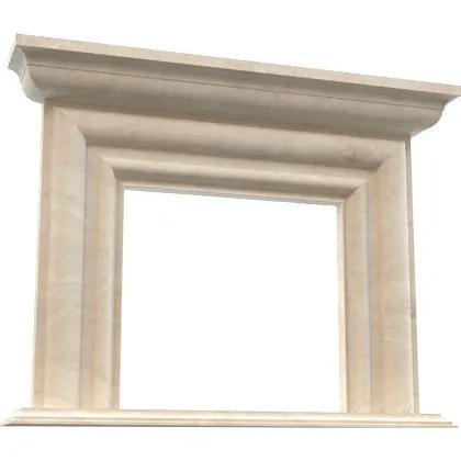 Troia Light Travertine modern hand-carved fireplace surround by Villohome in light beige travertine stone.