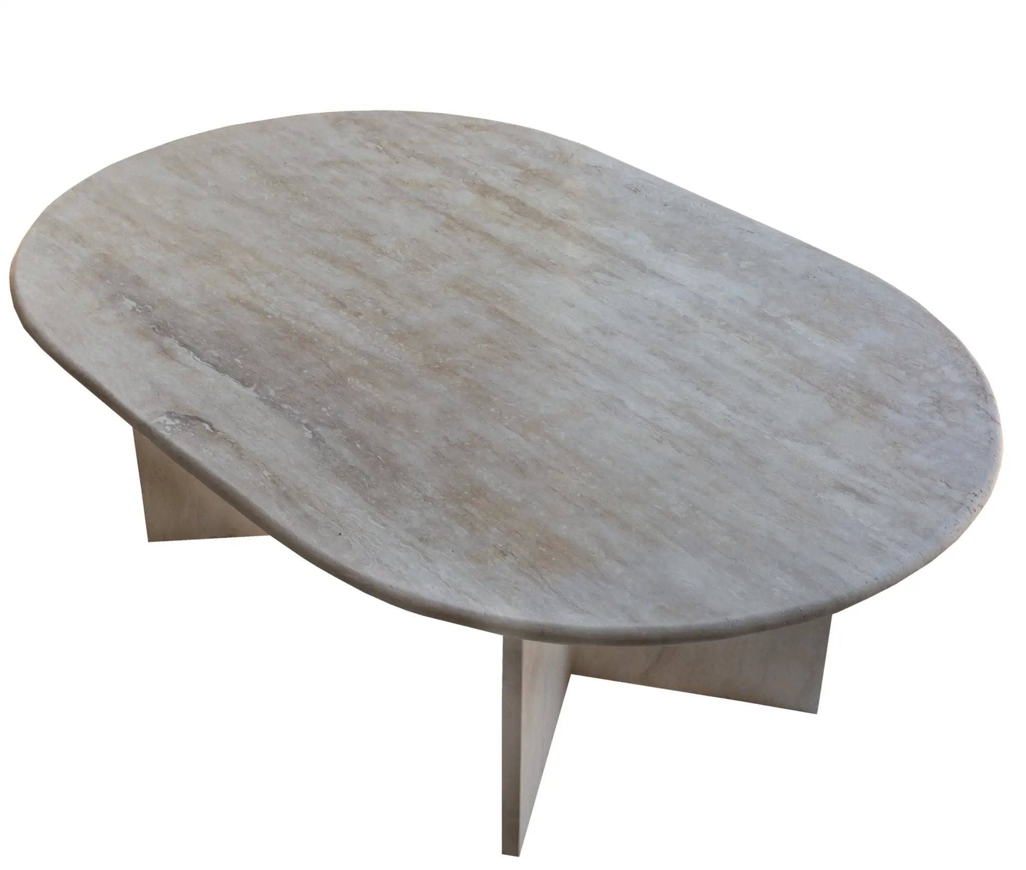 Troia Light Travertine oval coffee table by Villohome, polished light beige stone.
