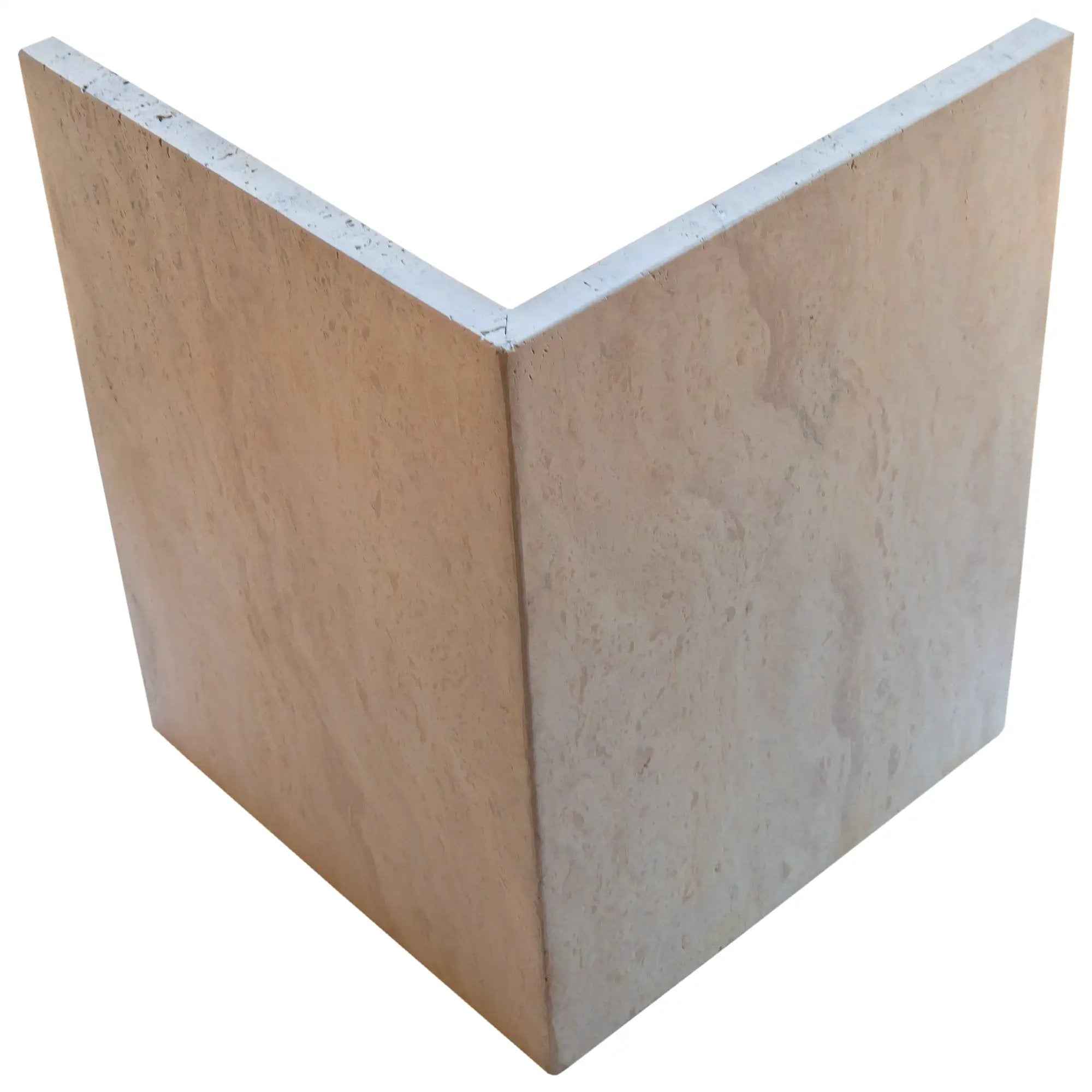 Troia Light Travertine oval coffee table corner close-up in pale beige travertine with natural pores.