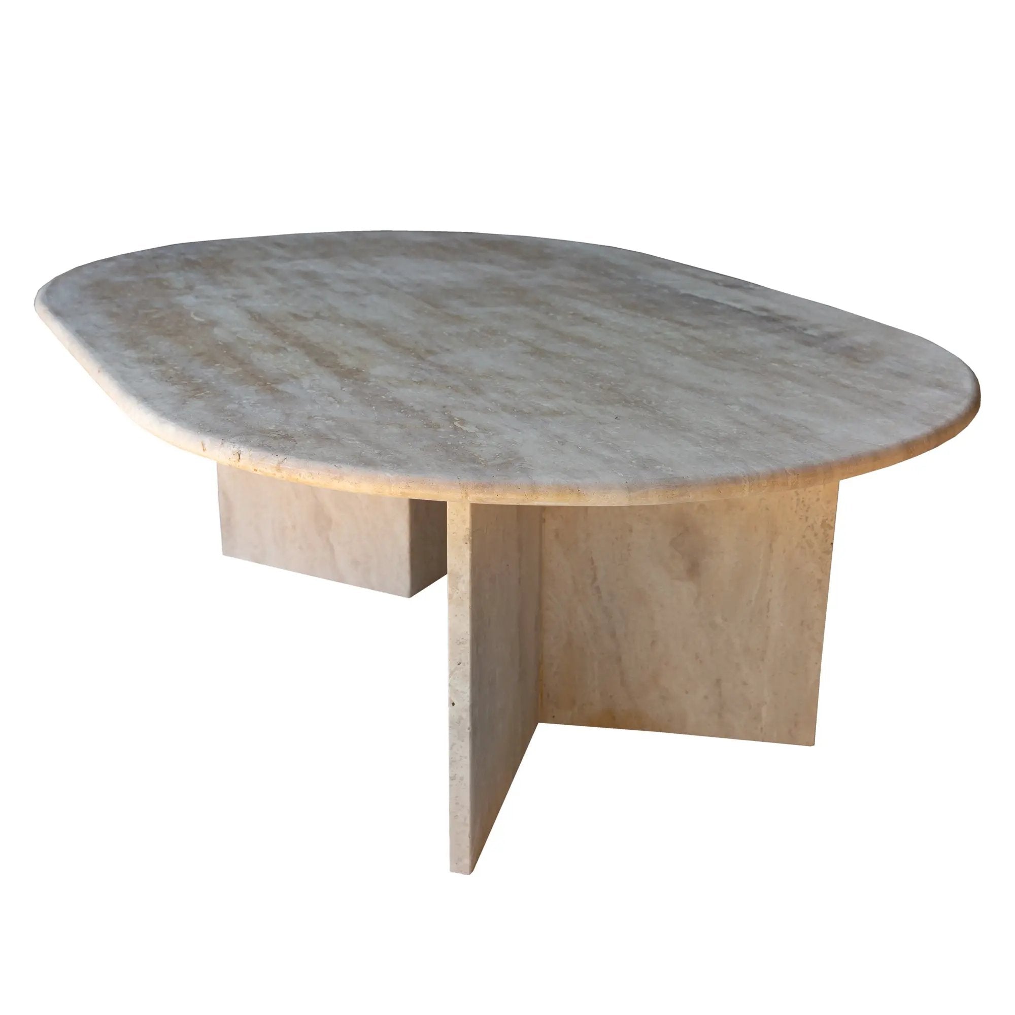 Coffee table Troia Light Travertine oval top with polished beige travertine and block pedestal legs