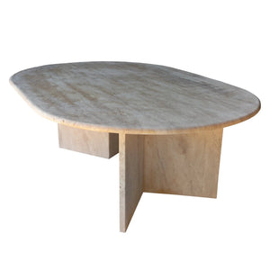 Coffee table Troia Light Travertine oval top with polished beige travertine and block pedestal legs