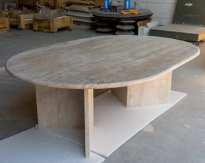 Troia Light Travertine oval coffee table; polished beige travertine, 48in L x 24in W x 16in H