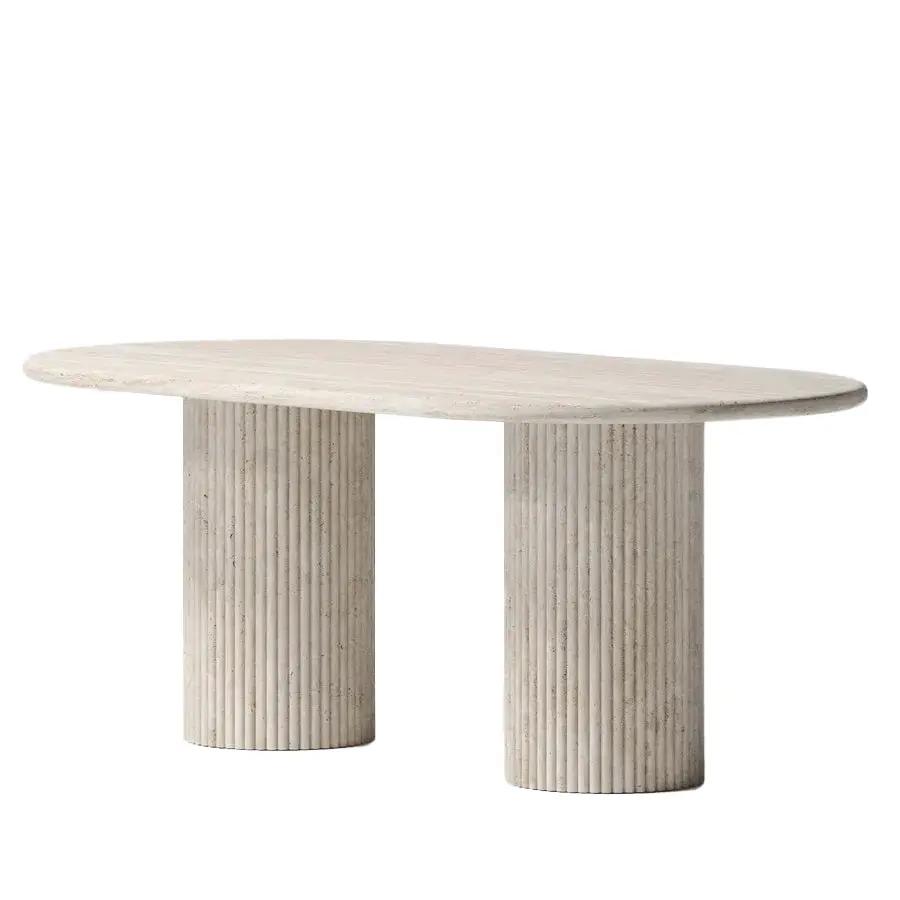 Troia Light Travertine Oval Dining Table with fluted round legs in light travertine finish