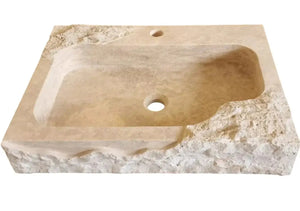 Beige travertine rectangular wall-mount bathroom sink by Villohome, 16x24x5 in, rustic stone.