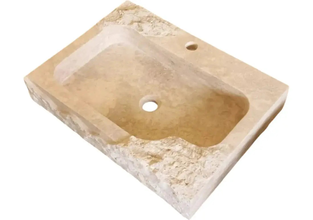 Rectangular beige travertine wall-mount bathroom sink, rustic, 16 in W x 24 in L x 5 in H