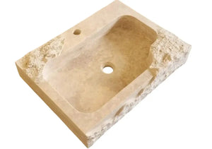 Beige travertine rectangular wall-mount bathroom sink by Villohome with rustic edges and center drain